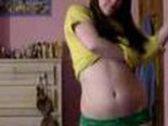 Youthful teen bedroom strip, yellow top and little green pants cast aside showing her little love bubbles and pussy.