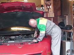 These pair of chaps are looking forward to fixing the car when the hawt youthful teen walks into the garage and all of sudden instead of fixing the car they want to fit their rods into the tight pussy of this teen. She is specially attracted to the bald stud as this babe walks off hand in hand to fuck them.