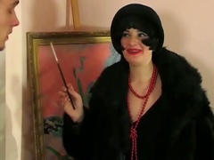 Retro dressed brunette eats pecker and does hardcore anal